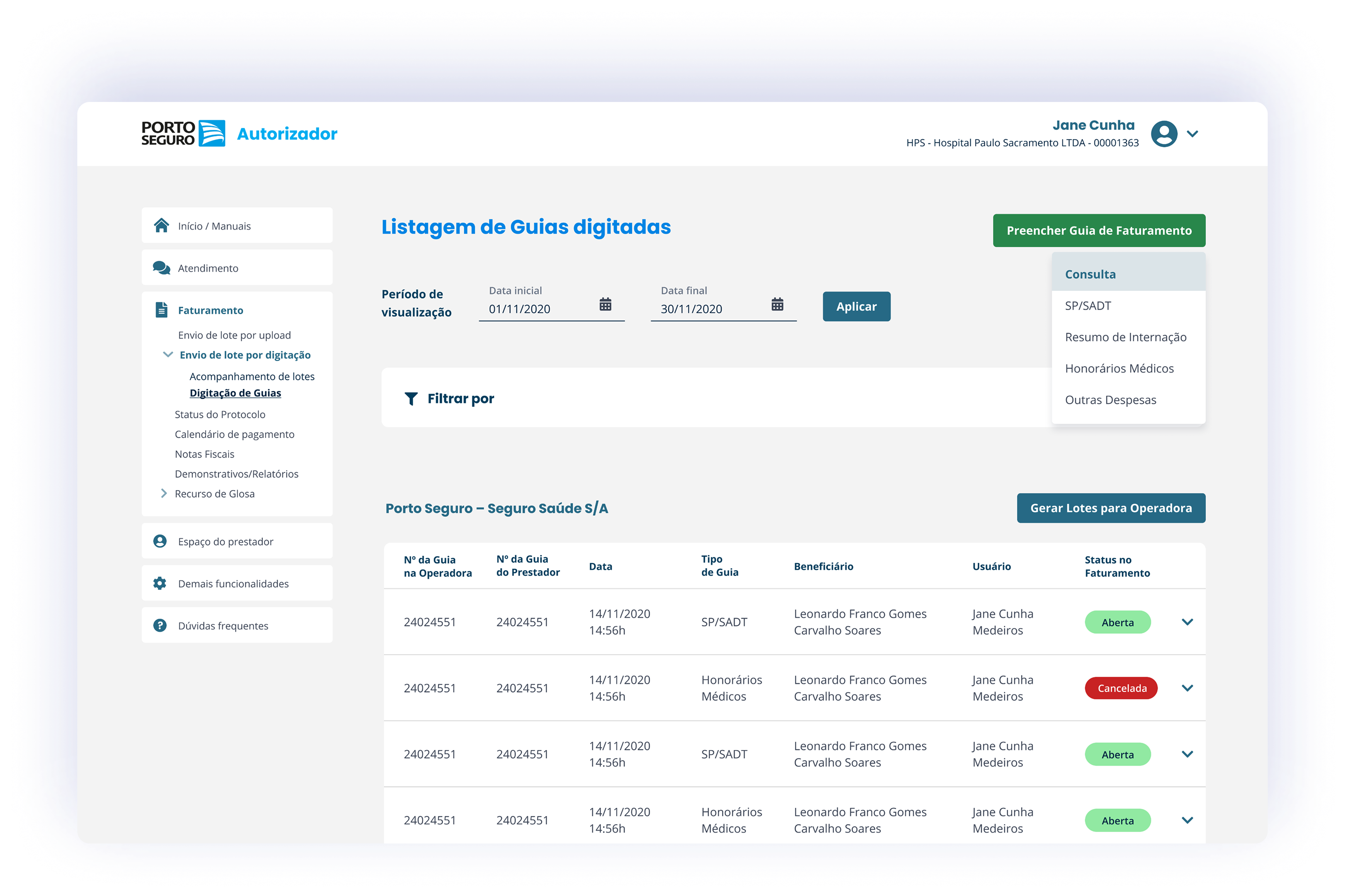 Healthcare provider platform — exam listing dashboard