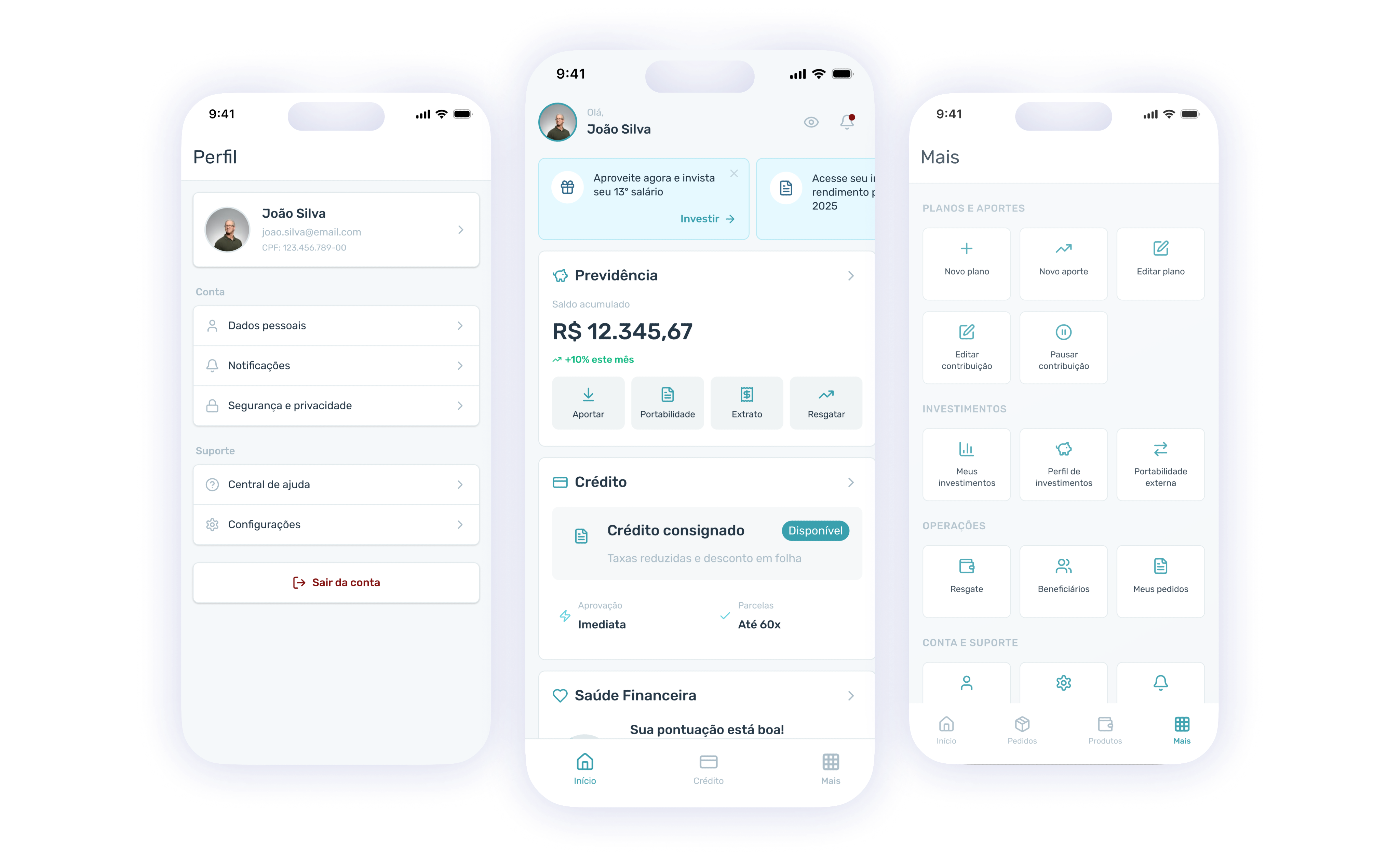 Three mobile app surfaces — multi-product home banking